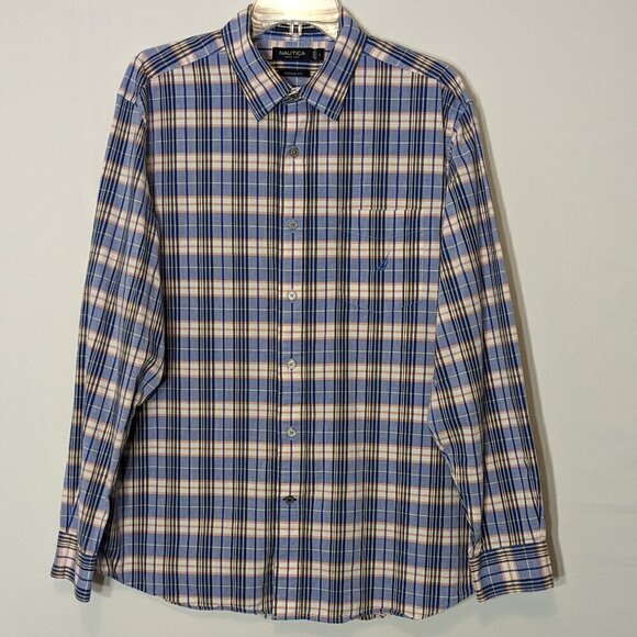 Men's NAUTICA Classic Fit Long Sleeve Blue Plaid Button Cotton Shirt; Size L - Picture 1 of 5